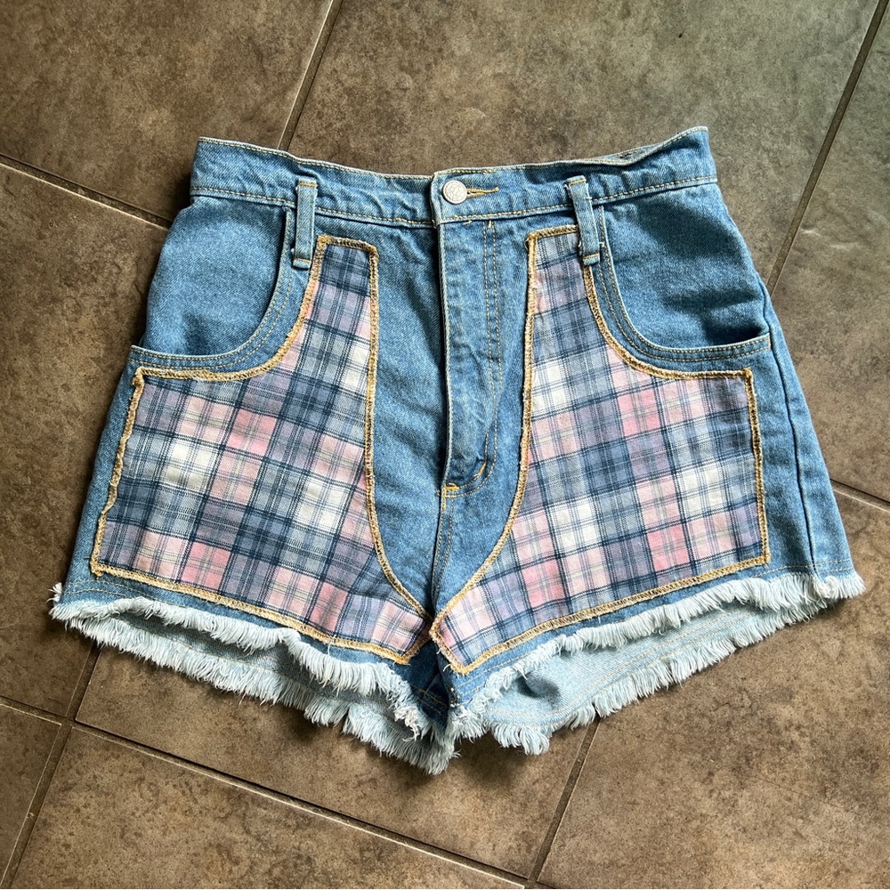 Retro Plaid High Waisted Jean Shorts
